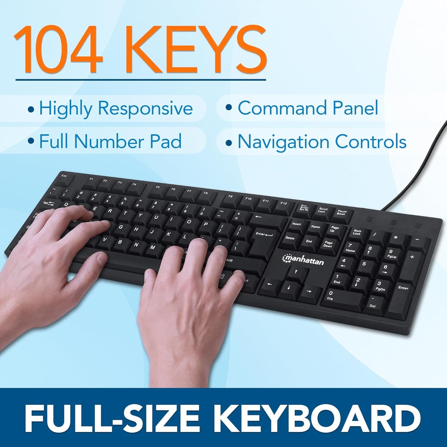 Manhattan Wired Computer Keyboard – Basic Black Keyboard - with 4.5ft USB-A Cable, 104-keys, Foldable Stands - Compatible for Windows, PC, Laptop - 3 Yr Mfg Warranty – 179324
