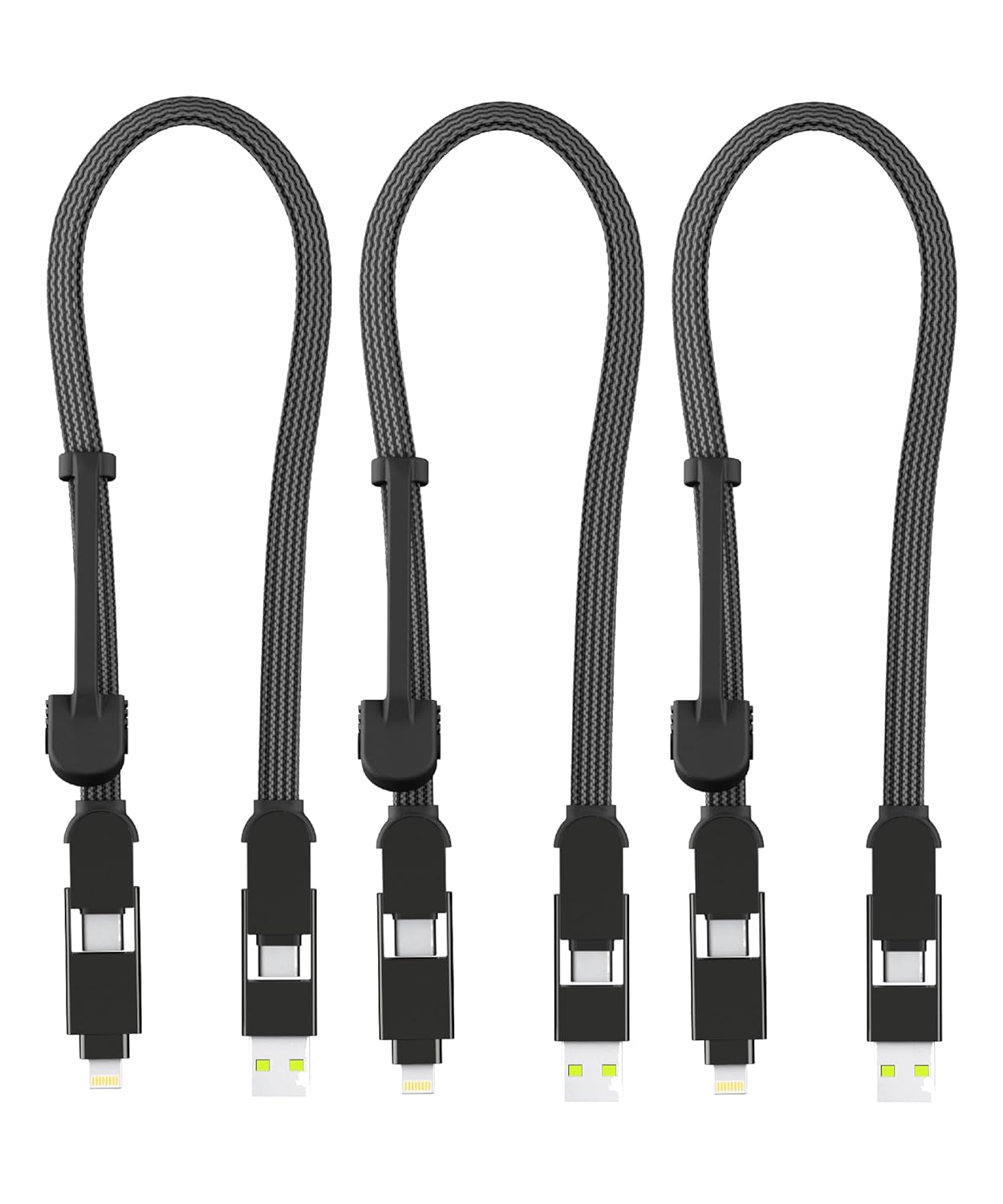 Rolling Square inCharge XL 6-in-1 Multi Charging Cable, (3X Pack) Portable USB and USB-C Cable 100W Ultra-Fast Charging, 1 Ft/0.3m, Black