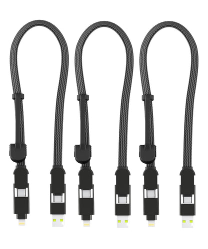 Rolling Square inCharge XL 6-in-1 Multi Charging Cable, (3X Pack) Portable USB and USB-C Cable 100W Ultra-Fast Charging, 1 Ft/0.3m, Black