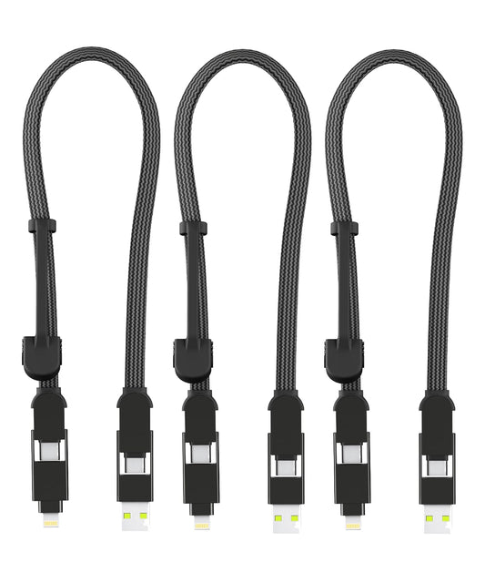 Rolling Square inCharge XL 6-in-1 Multi Charging Cable, (3X Pack) Portable USB and USB-C Cable 100W Ultra-Fast Charging, 1 Ft/0.3m, Black