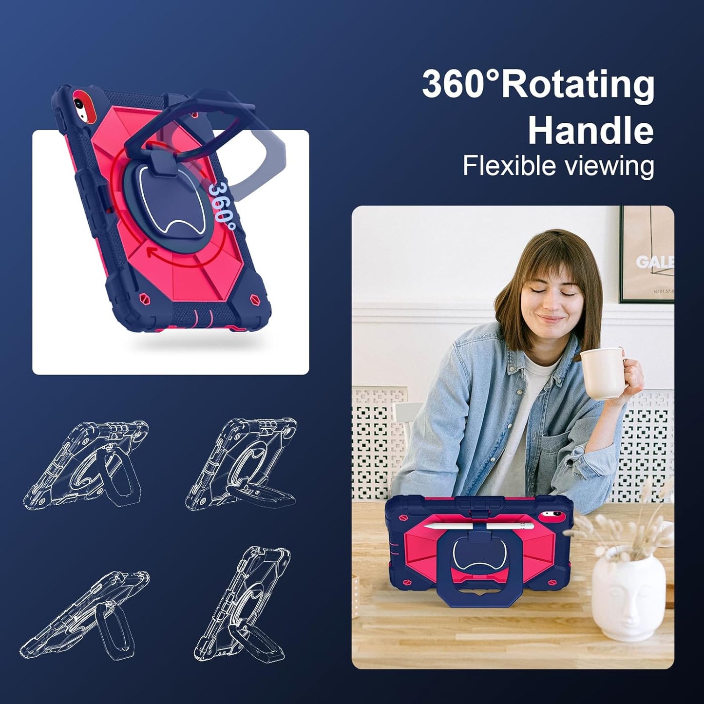 Case for iPad (A16) 11th Generation 11 Inch (2025) / iPad 10th Generation Case 10.9 Inch (2022) with 360° Rotating Stand Screen Protector Pen Holder Shoulder Strap, Navy Pink