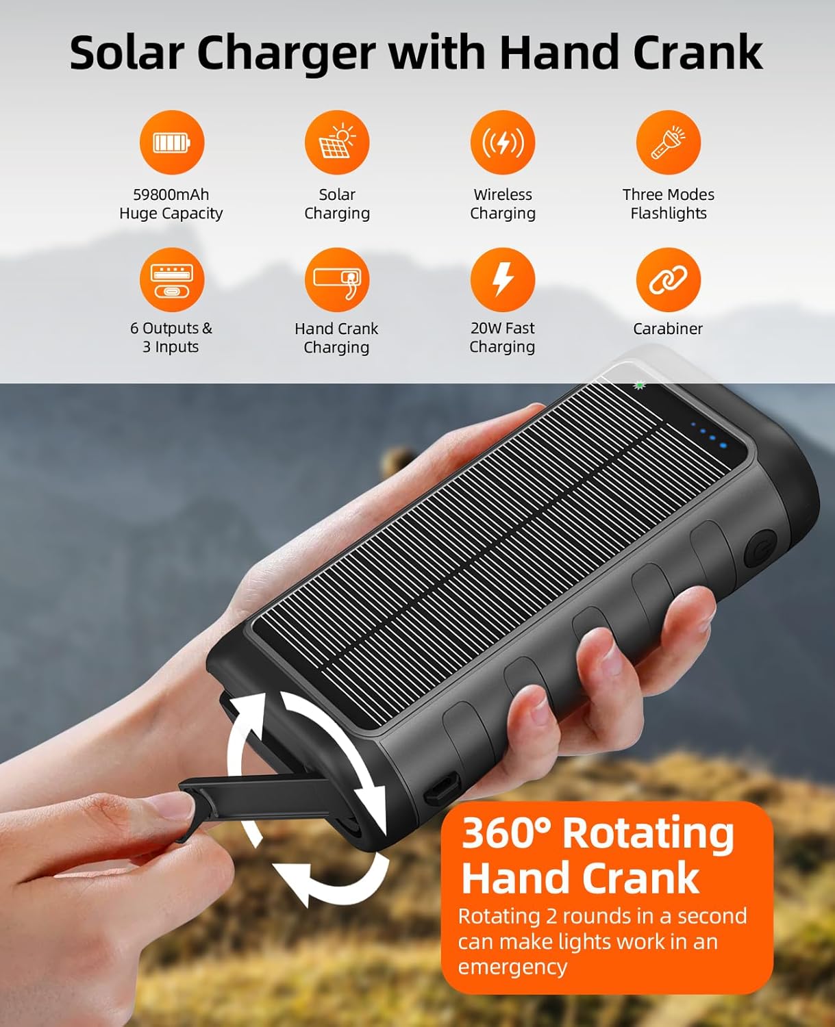 Solar Charger, 59800mAh Portable Power Bank for All Phones, Outdoor Waterproof Battery Pack Built in Hand Crank, 15W Wireless Charger 6 Outputs & 3 Inputs/LED Flashlights, Perfect for Camping Travel