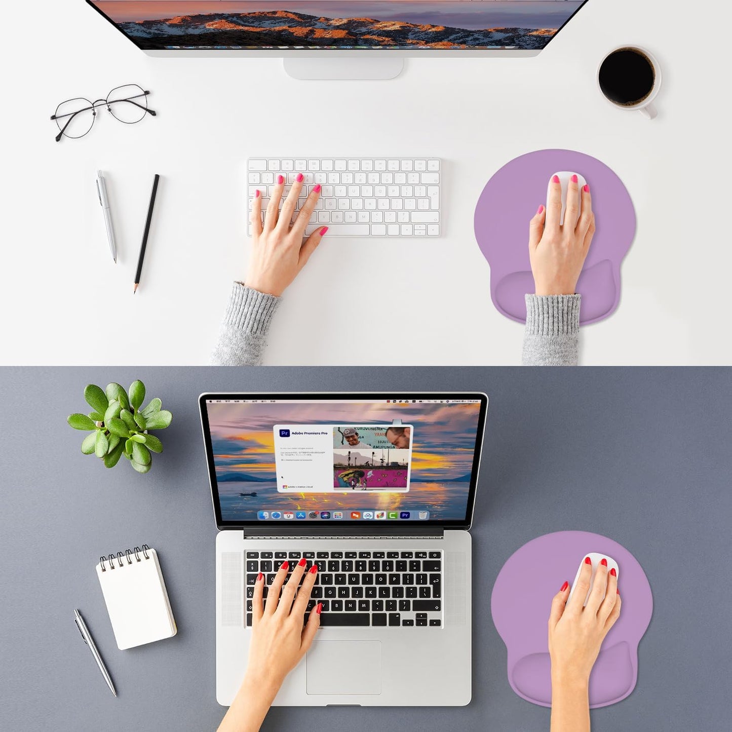 ITNRSIIET Ergonomic Mouse Pad with Wider Memory Foam Wrist Rest +17%, Curved Cushion Reduces Pressure 20%, Pain Relief, Non-Slip, Smooth, Cute Color Desk Accessory, 9.85 x 9 inch, Lavender Purple