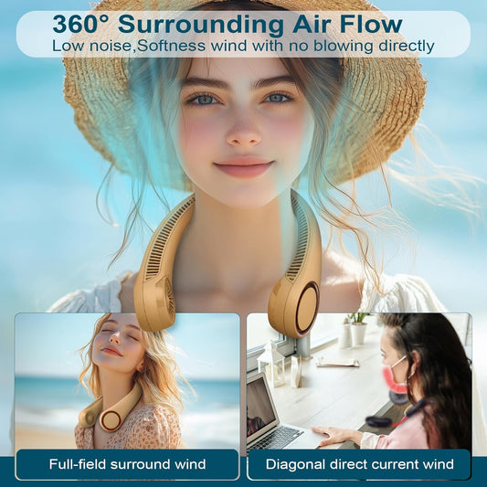 CIVPOWER Neck Fan: Portable Personal Neck Cooling Rechargeable Bladeless Fan - Hands Free 3 Speed 4000 mAh Battery USB Operated Wearable Headphone Design - for Men Women Outdoor Indoor (Orange)