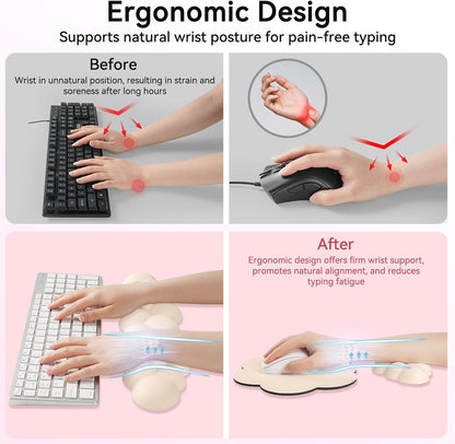 Cloud Wrist Rest for Computer Keyboard, 4-in-1 Memory Foam Leather Cloud Keyboard Wrist Rest and Mouse Pad Set with Ergonomic Support for Arm and Palm Cushion, Gaming/Work Setup, Beige