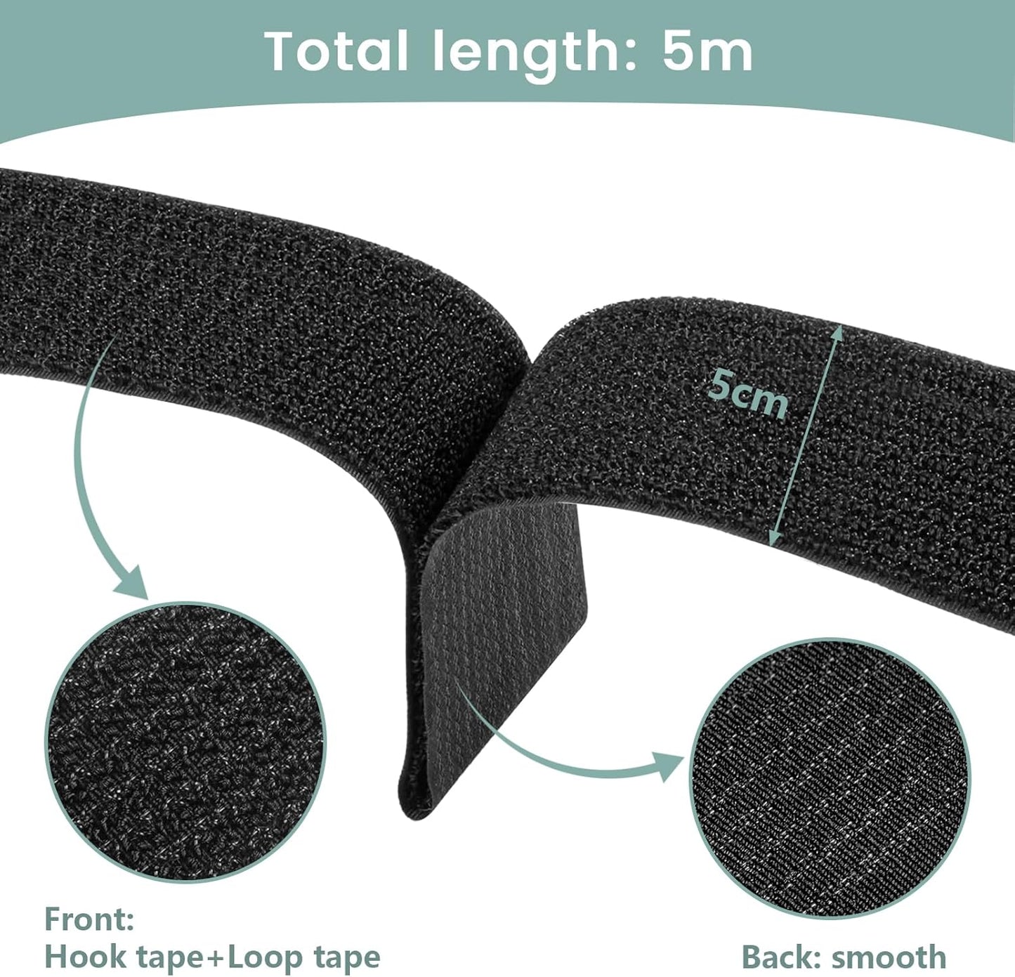 2In x 16Ft Cable Straps Heavy Duty With 15 Buckles, Black Hook and Loop Straps, Reusable Cable Ties for Organizer or Storage