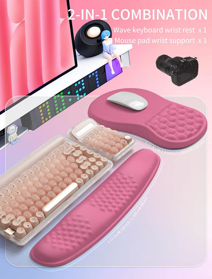 Hokafenle 2in1 Combination, Wave Keyboard Wrist Rest and Ergonomic Curvature Mouse Pad Wrist Support for Relieve Wrist Pain, Filled with Soft Cushion Memory Foam, Tough Guy Pink
