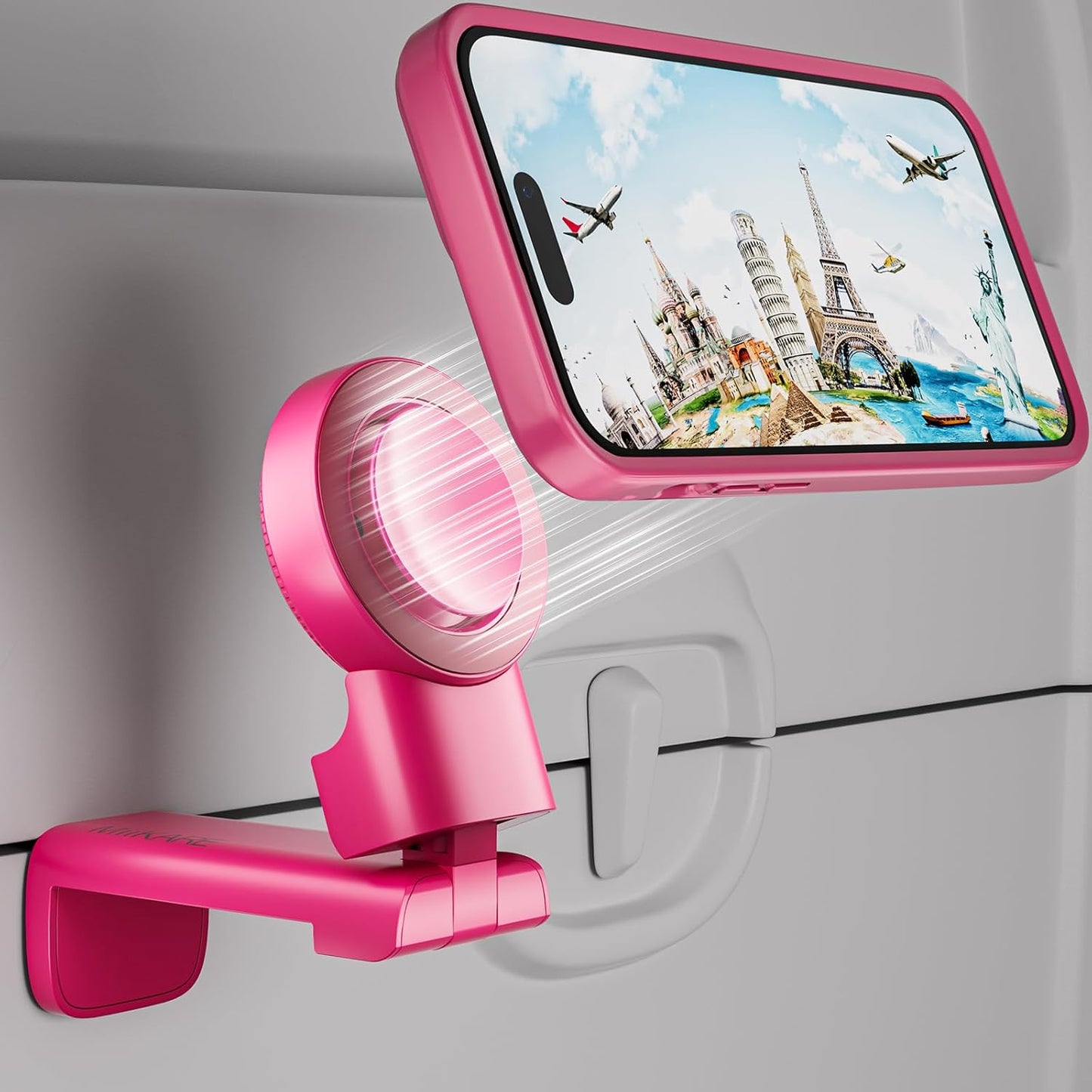 MiiKARE Travel Essentials Magnetic Airplane Phone Holder, Universal Handsfree Phone Mount for Flying with 360 Degree Rotation, Travel Must Haves Phone Stand for Desk, Tray Table, BarbiePink