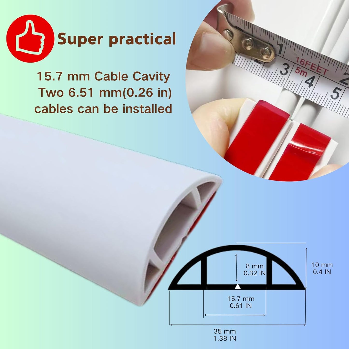 3.3ft Self Adhesive Floor Cord Cover,Heavy Duty Soft PVC Cable Protector and Extension Cord Hider,Cord Management System to Hide Wires on Floor,Cable Cavity:0.61" (W) x 0.32" (H) White