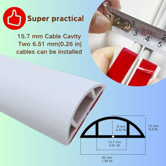 10ft Self Adhesive Floor Cord Cover, Cable Cavity:0.61" (W) x 0.32" (H), Heavy Duty Soft PVC Cable Protector and Extension Cord Hider,Cord Management System to Hide Wires on Floor, White