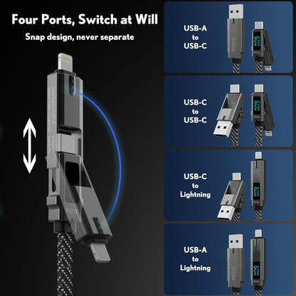 pzoz 4-in-1 USB C Fast Charging Cable with LED Display, Multi USBC Charger Combo Lightning/Type C/USB A Metal Ports for iPhone 16/15/14 Pro Max iPad MacBook AirPods Pro Samsung Google (60W, 5 ft)
