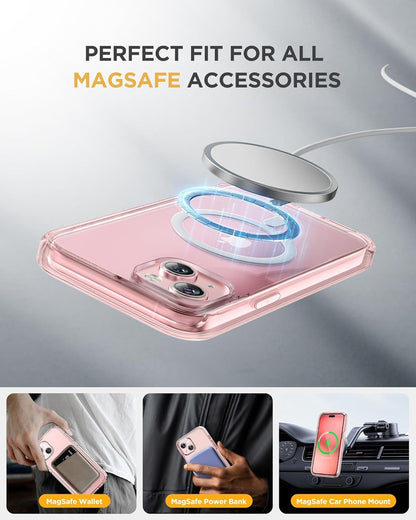 Miracase Glass Series for iPhone 15 Case [Compatible with MagSafe] Full-Body Magnetic Case with Built-in 9H Tempered Glass Anti-Fingerprint Screen Protector + Camera Lens Protector, Clear Pink