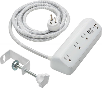 Eaton Tripp Lite Series Desk Clamp Power Strip Surge Protector, 3-Outlets, USB-A & USB-C Charging Ports, 900 Joules, 8ft Braided Flat Extension Cord, Lifetime Manufacturer's Warranty (TLP308U20CLAMP)