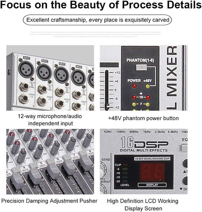 G-MARK GMX1200 DJ Mixer 12 Channel Professional Audio Mixer USB Mixing Console Music Studio 8 Mono 4 Stereo 7 Band EQ 16 Effect Podcast Streaming Audio Interface