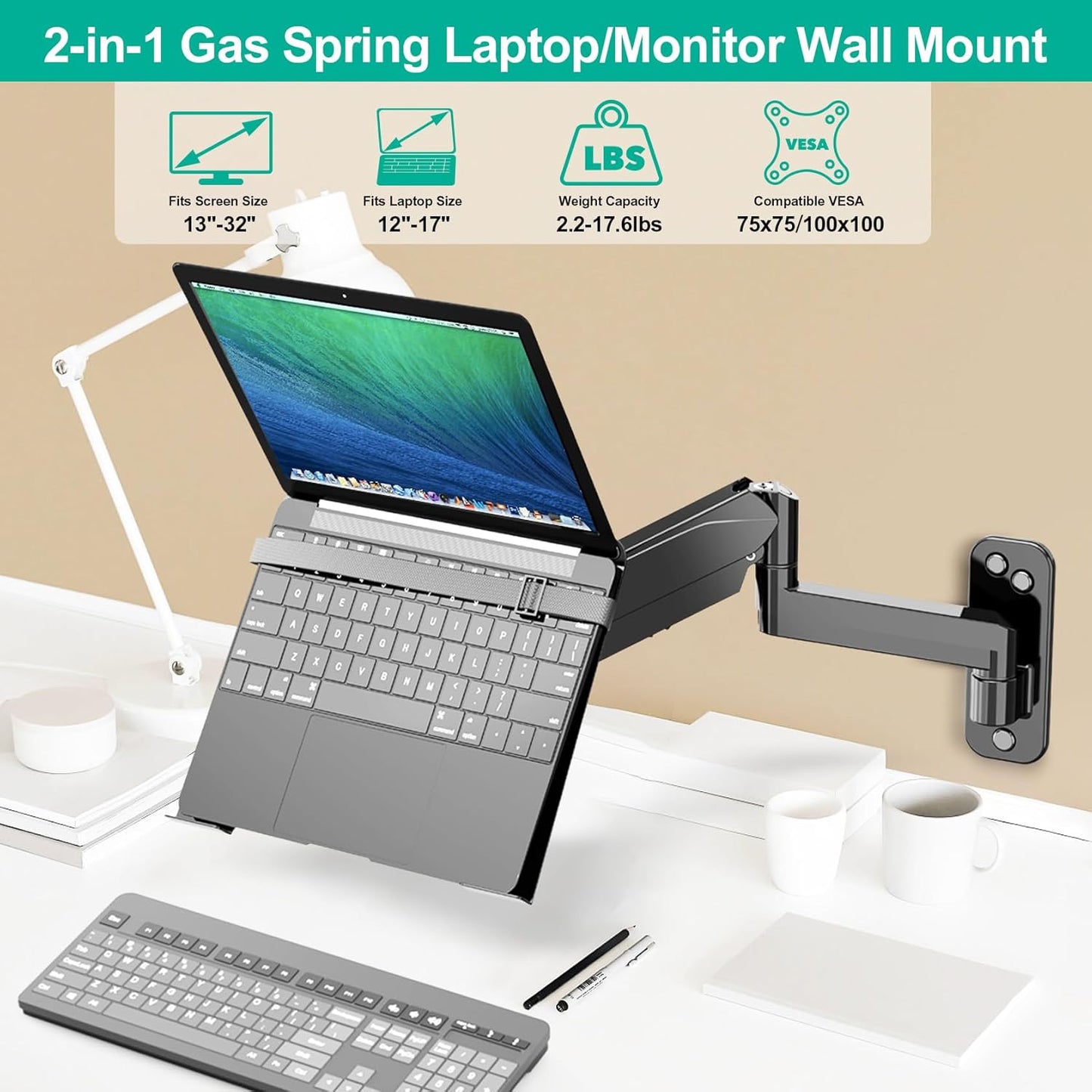 Laptop Wall Mount, 2-in-1 Gas Spring Wall Holder with Vented Tray for 12"-17" Notebook/13-32 Computer Screen, Full Motion Adjustable Wall Mount Laptop Stand Holds 3.3-17.6lbs