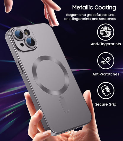Magnetic for iPhone 14 Case [Compatible with MagSafe][Built-in Camera Lens Protector] Slim Soft Silicone Bumper Shockproof Metallic Luster Phone Case (Gray)