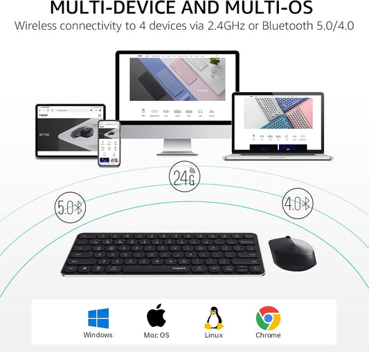 Rapoo 9010M Multi-Device Keyboard and Mouse Combo, 2.4GHz/Bluetooth 5.0/4.0 Wireless Keyboard & Mouse Set for Windows/Mac/Linux/Chrome, Support 4 Devices, Low-Profile Silent Click, Battery Powered