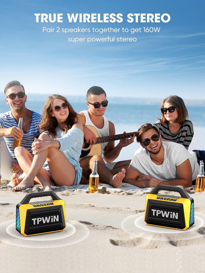 Portable Bluetooth Speakers - Wireless Jobsite Speaker 80W Peak, TWS, Light Shows, Loud Speaker with Deep Bass, BT 5.3, IPX6 Waterproof, 20H Playtime for Outdoor Beach Camping Garage - Yellow