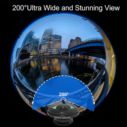 200° Fisheye Lens with 17mm Thread Universal Phone Lens Clip for iPhone and Android Smartphones, Suitable for VR Live Streaming & Architectural Photography
