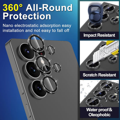 for Samsung Galaxy S25 Ultra Camera Lens Protector, Individual Metal Ring Tempered Glass Lens Cover, [Strong Adsorption] Scratch Resistant Ultra-Thin HD Clear Lens Cover, 1 Set-Black Sparkly