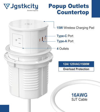 Pop up Outlet for Countertop with Wireless Charger,45W USB C Port, 4.7'' Diameter Round Pop Up Counter Outlet with AC Outlets,USB Ports,Hidden Outlet,Pop Out Outlet