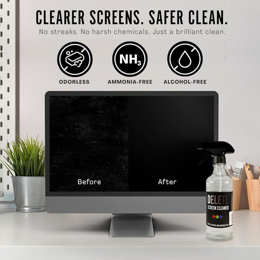 Delete Screen Cleaner Spray Kit, 16oz Bottle and 12"x12" Microfiber Cleaning Cloth, Streak-Free, Safe and Gentle Formula, Multi-Purpose for Devices, Large TVs, Computers, Monitors, Smart Phones