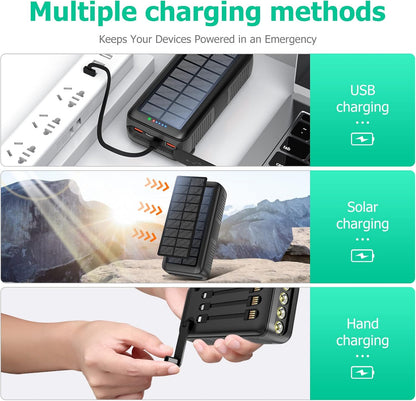 Solar Charger Power Bank 63200mAh, Portable Charger with Dual Outputs & Dual Inputs 4 LEDs Flashlight, Hand Crank Power Bank Fast Charging Battery Pack for Outdoor Camping Survival Gear (gray)