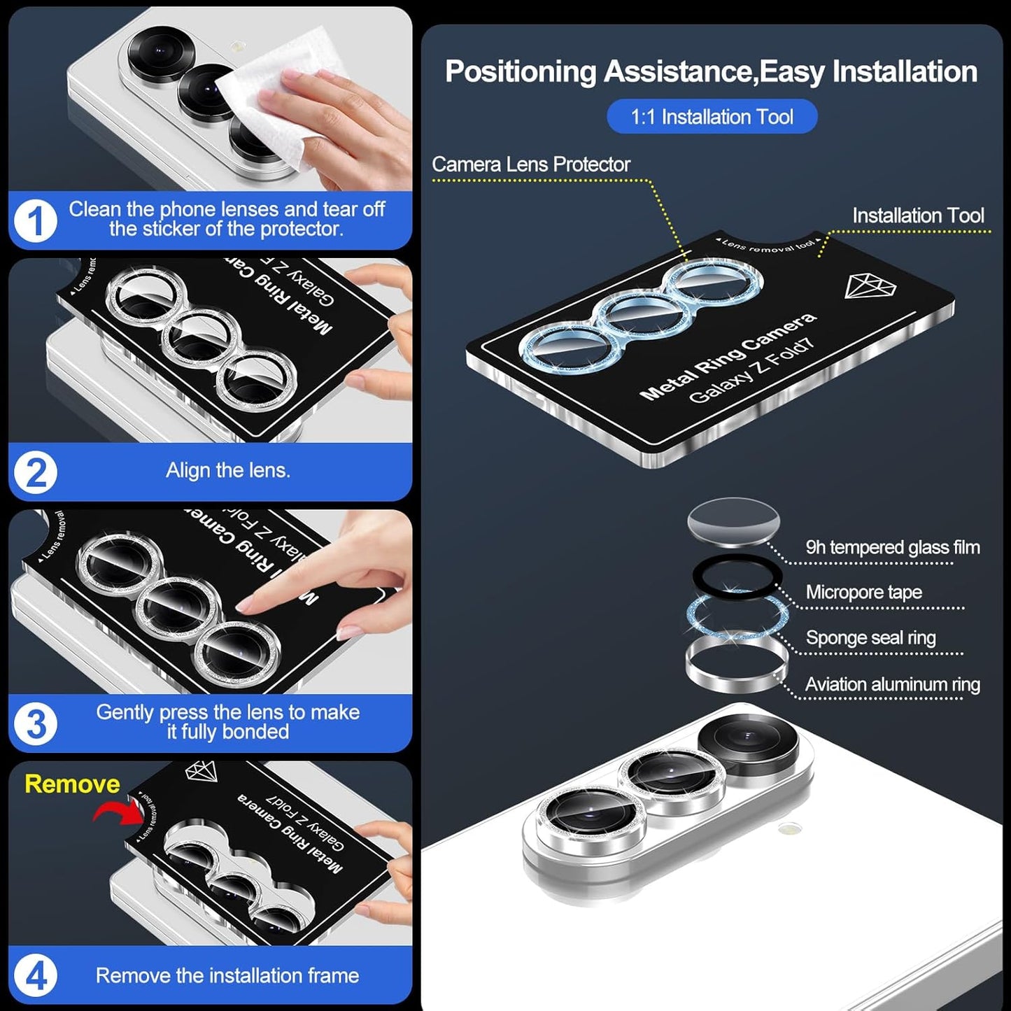 for Samsung Galaxy Z Fold 7 Camera Lens Protector, Individual Metal Ring Tempered Glass Lens Cover, [Strong Adsorption] Scratch Resistant Ultra-Thin HD Clear Lens Cover, 1 Set-Blue Sparkly