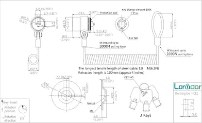 Security Hardware Cable Lock Kit,Retractable Cable Lock Portable Keyed Laptop Lock 3 Keys 6.2Ft for Monitors, Laptops, MacBooks, Tablets, iPad,Mac mini, (Keyed Different)