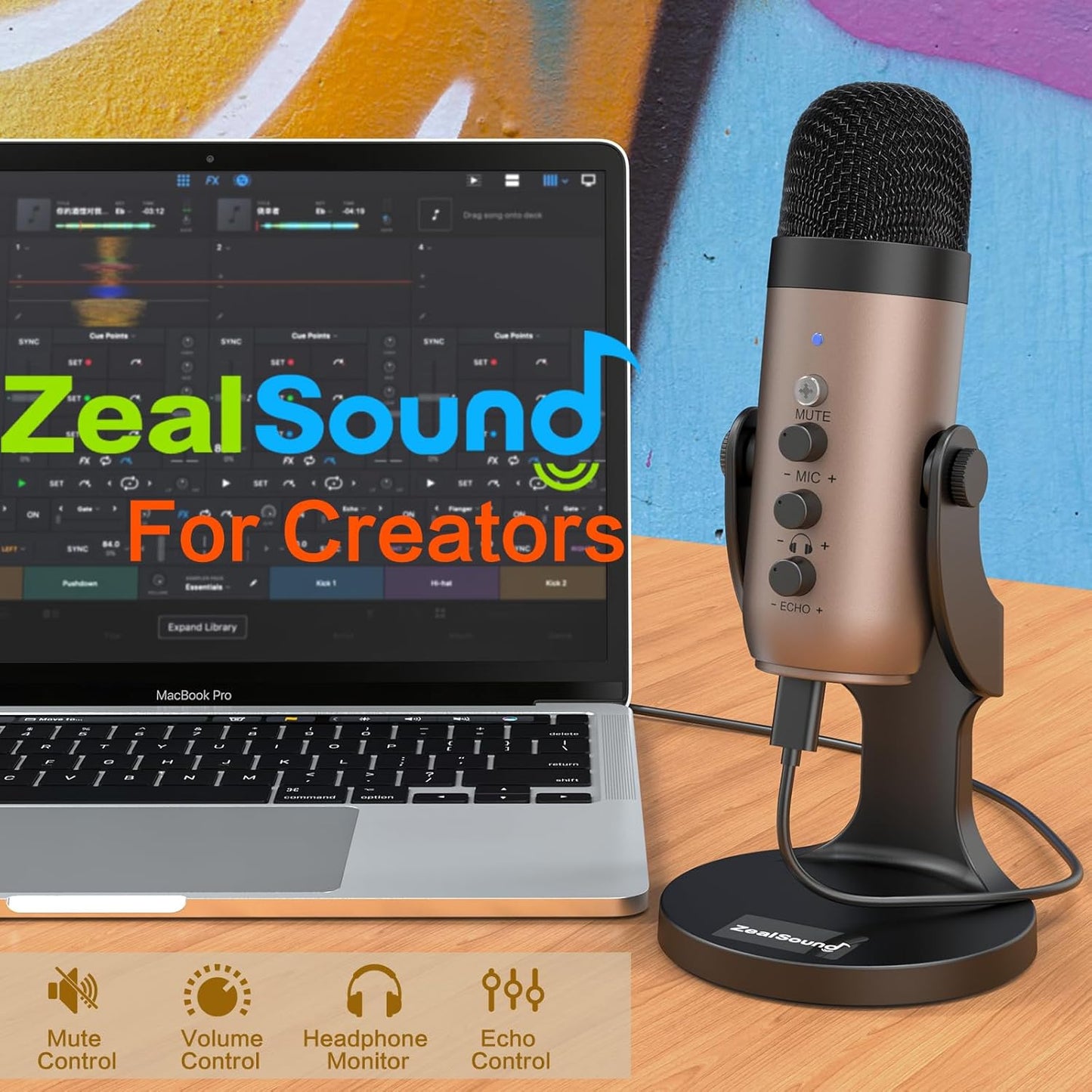 ZealSound USB Microphone,Condenser Computer PC Mic,Plug&Play Gaming Microphones for PS 4&5.Headphone Output&Volume Control,Mic Gain Control,Mute Button for Vocal,YouTube Podcast on Mac&Windows(Gold)