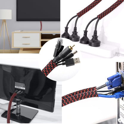 CrocSee 10ft - 1/2 inch Braided Cable Management Sleeve Cord Protector - Self-Wrapping Split Wire Loom for TV/Computer/Home Theater/Engine Bay - Black/Red