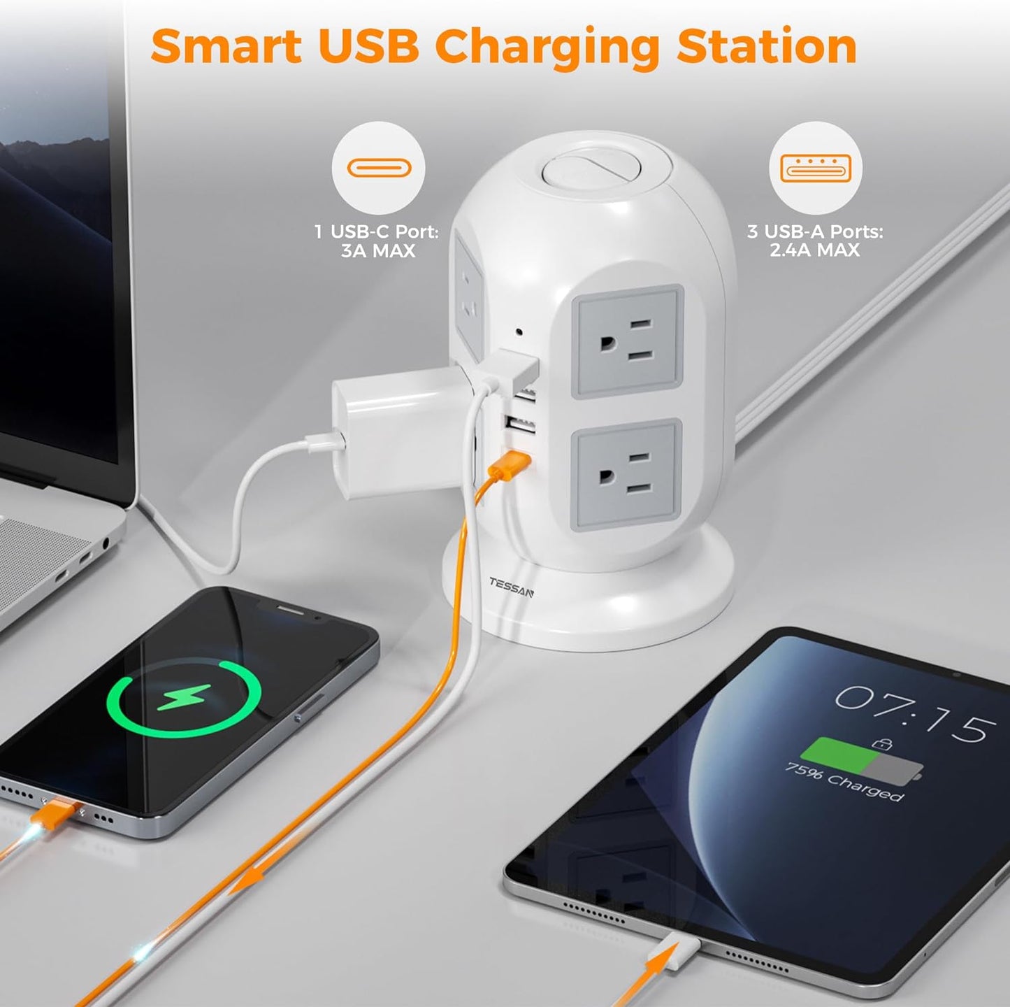 TESSAN Tower Surge Protector Power Strip 10 ft, Long Flat Extension Cord with Multiple Outlets, 8 AC Outlets with 4 USB Ports (1 USB C), Charging Station with Surge Protection, for Home Office Dorm