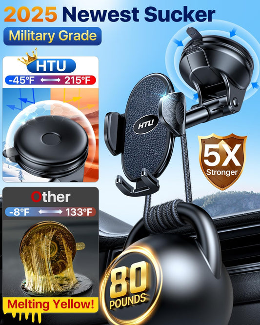 HTU 【Military-Grade Suction】 2025 Cell Phone Holder for Car【Flexible Telescopic Arm】 Car Phone Mount Stand for Dashboard Windshield for iPhone 16 Pro Max 15 14 13 12 Samsung Truck Jeep, Black