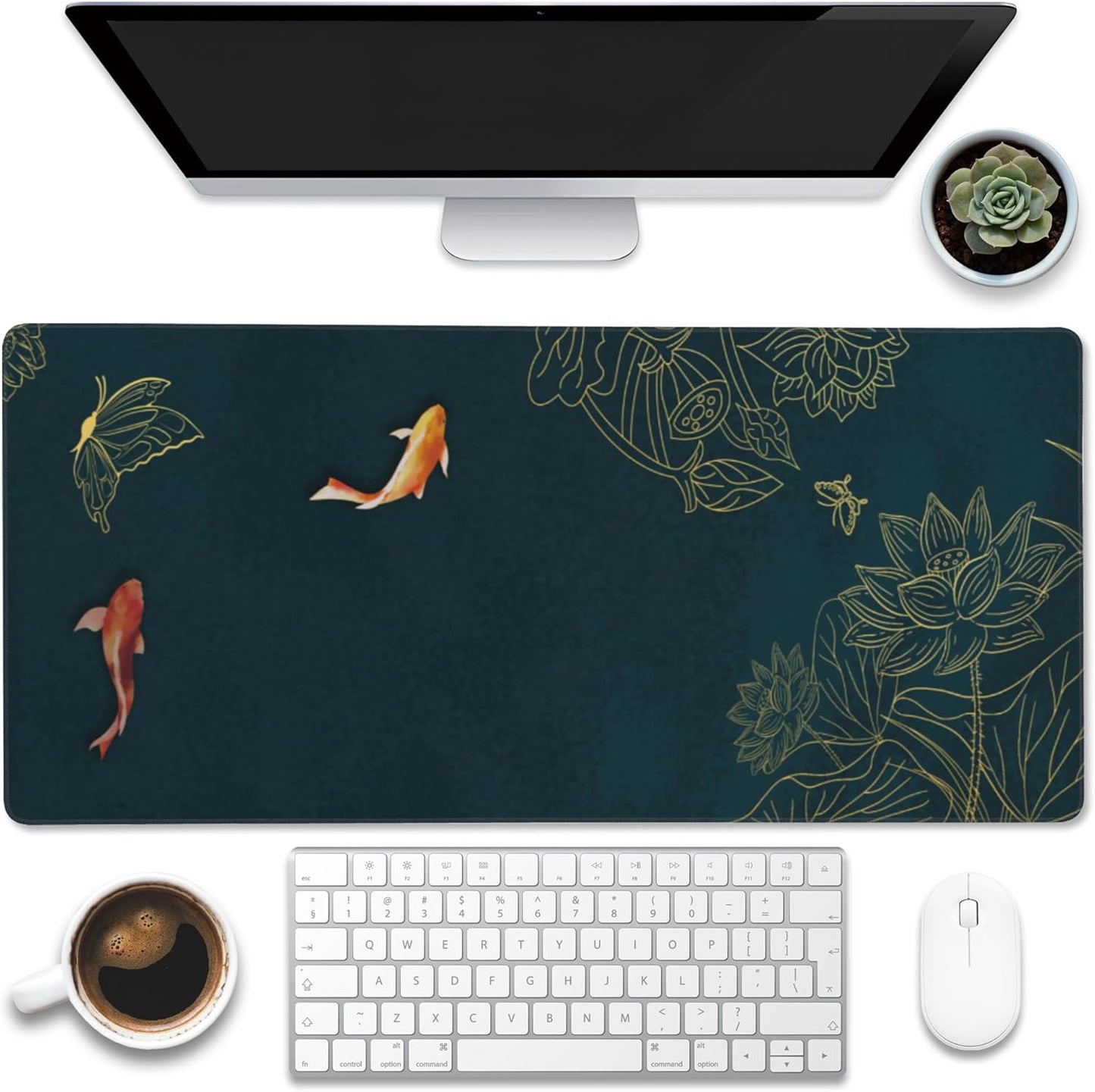 Large Gaming Mouse Pad, Koi Fish Ink Painting Desk Mat, Golden Line Lotus Desk Pad, Extended Big Computer Keyboard Mouse Pad with Non-Slip Base and Stitched Edge, 35.4"x15.7"