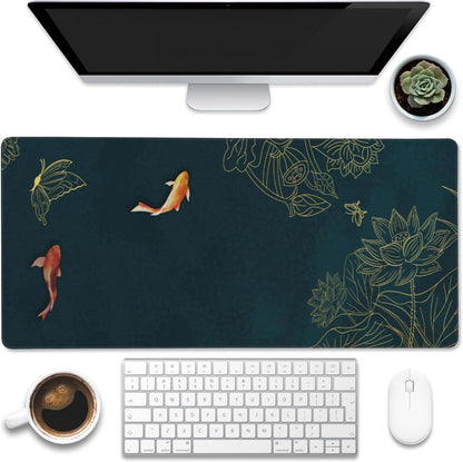 Large Gaming Mouse Pad, Koi Fish Ink Painting Desk Mat, Golden Line Lotus Desk Pad, Extended Big Computer Keyboard Mouse Pad with Non-Slip Base and Stitched Edge, 35.4"x15.7"