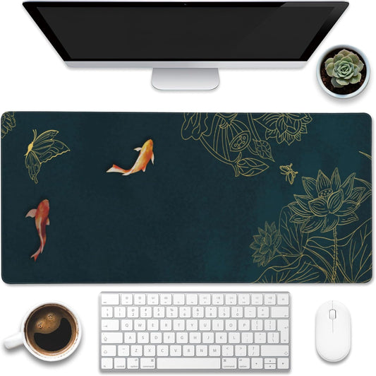 Large Gaming Mouse Pad, Koi Fish Ink Painting Desk Mat, Golden Line Lotus Desk Pad, Extended Big Computer Keyboard Mouse Pad with Non-Slip Base and Stitched Edge, 35.4"x15.7"