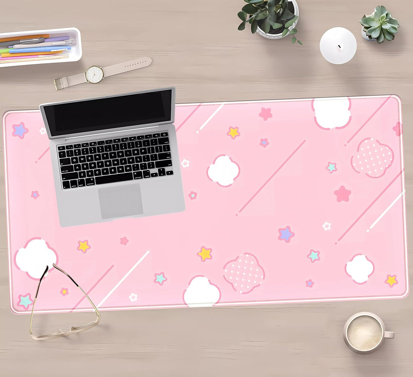 Pink Mouse Pad Large Desk Mat Gaming, Kawaii Desk Pads Stars Mouse Mat XXL Cute Keyboard Pad, Laptop Computer Mat with Non-Slip Base & Stitched Edges, Office Decor for Women 31.5" x 15.7"