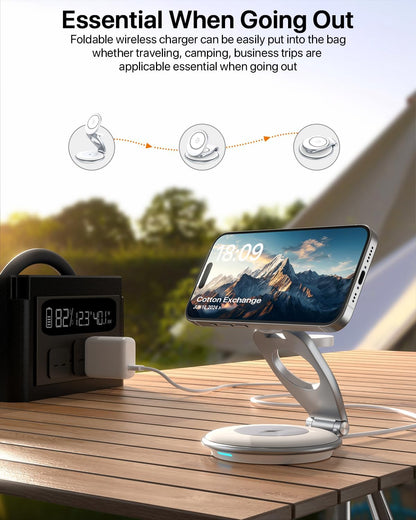 EXW Wireless Charging Station for Magsafe, 3 in 1 Foldable Charger for iPhone 16/15/14/13/12 Series, Apple Watch & AirPod (30W Charger Included)