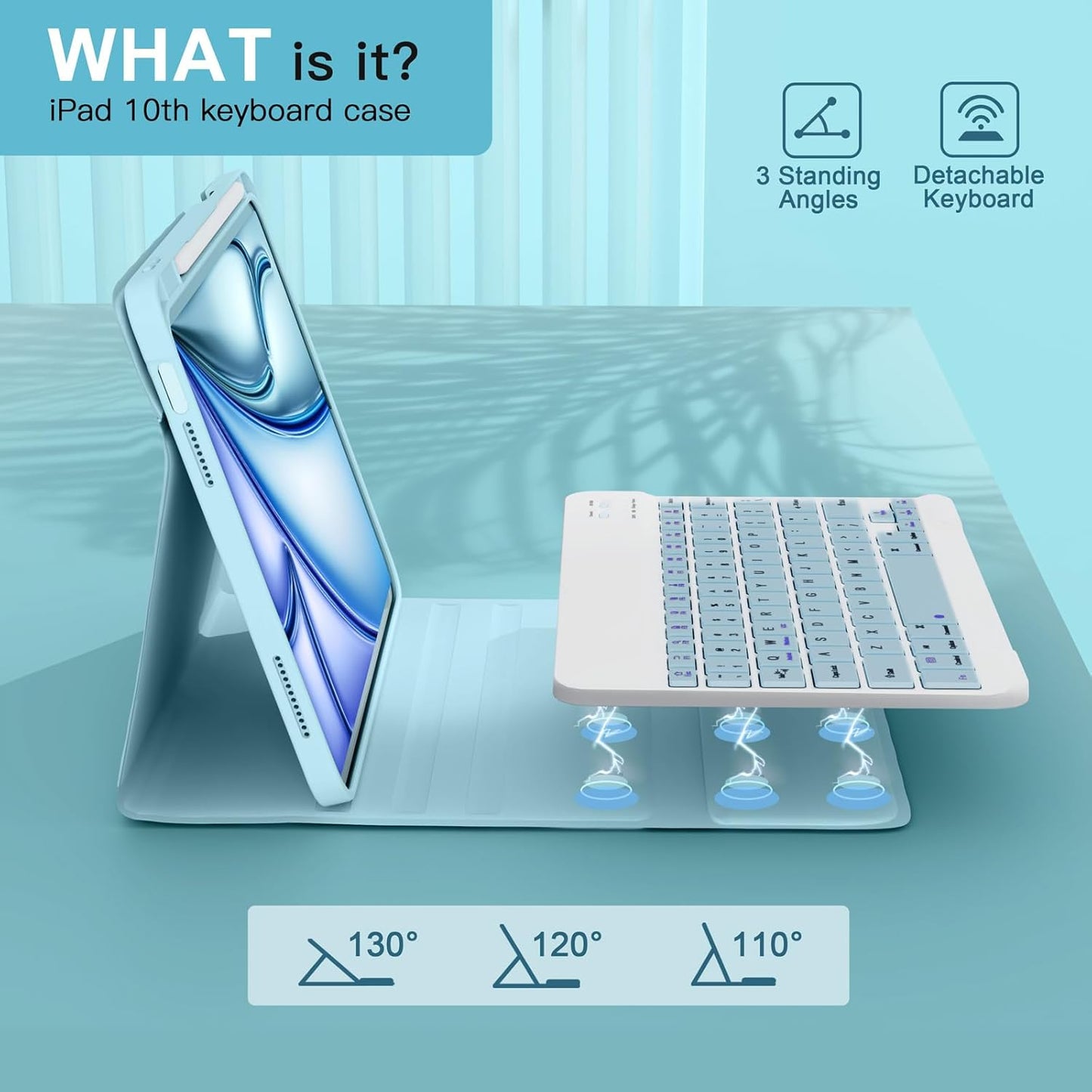 NOKBABO for iPad 11th 10th Generation Case with Keyboard, Magnetic Wireless Detachable Folio case with Pencil Holder, Keyboard for iPad 11th(A16,2025) & ipad 10th Generation(2022) - Sky Blue