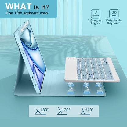 NOKBABO for iPad 11th 10th Generation Case with Keyboard, Magnetic Wireless Detachable Folio case with Pencil Holder, Keyboard for iPad 11th(A16,2025) & ipad 10th Generation(2022) - Sky Blue