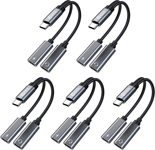 5PCS USB C Headphone Splitter,CCZ CA01 USB C to Type C Headphone Jack and Charger Adapter, 1 in 2 out Dongle Hi-Res DAC Audio Cable with PD 60W Fast Charging for Samsung Galaxy S25 S24 S23 (USBC-USBC)