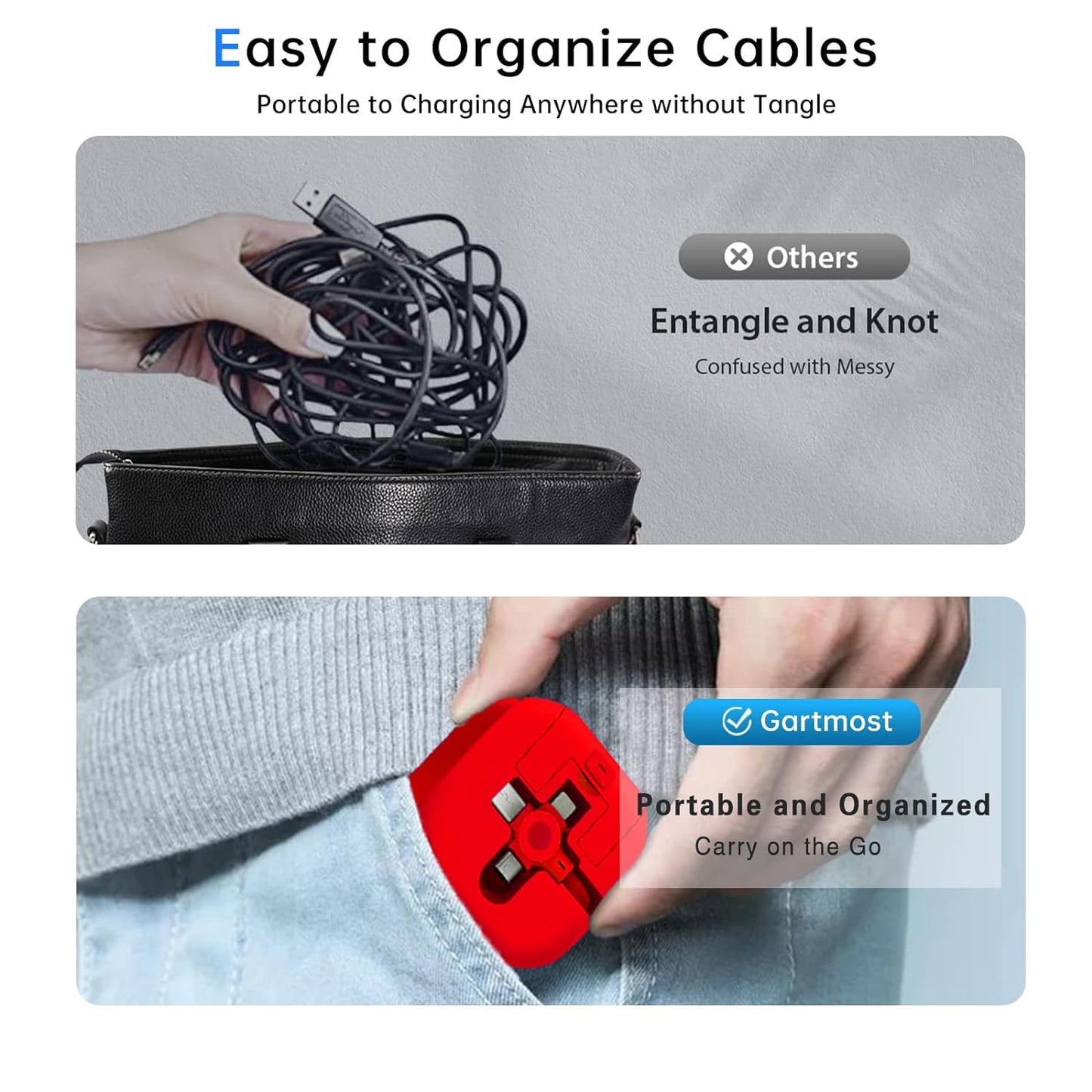 Three in One Charging Cable Cord. 3 in 1 Charging Cable Retractable. Compatible USB C(Type-C)/Micro USB/IP, Compatible with Phone, Android, Tablet (Red)