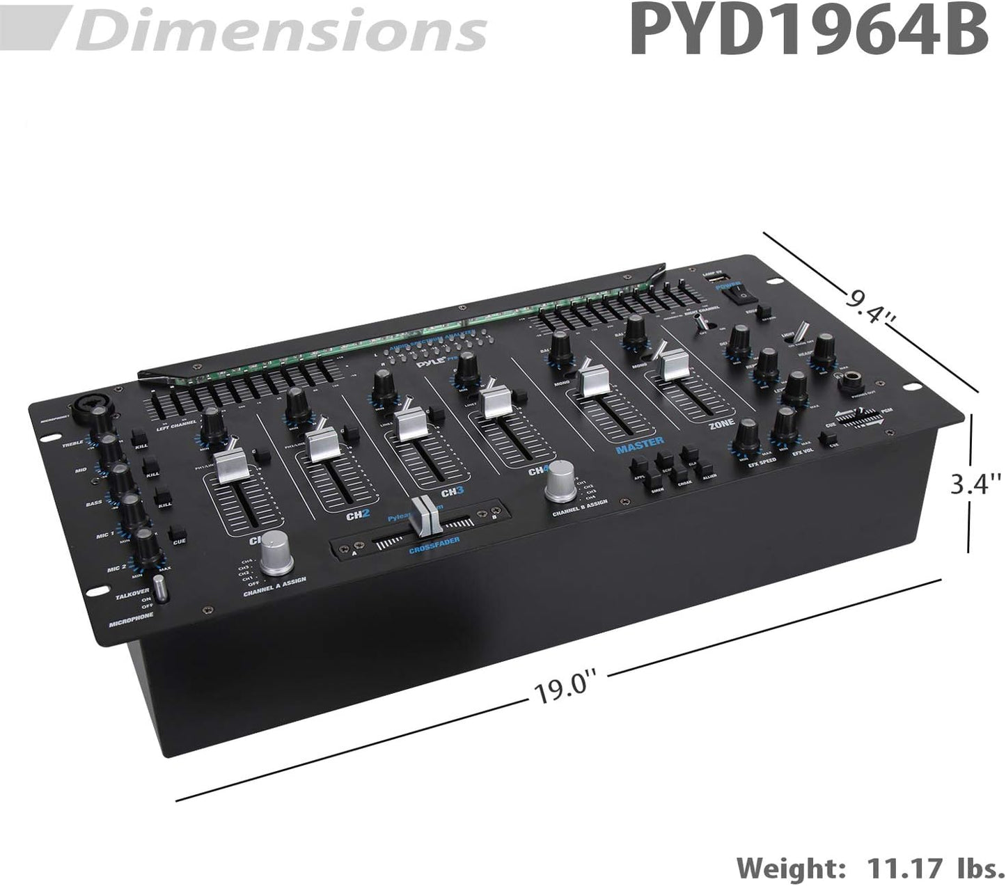 Pyle 6 Channel Mixer, Bluetooth DJ Controller, Stereo Mixer, Professional Sound System, LED Illumination, Mixer Digital Audio, Digital Mixing System, Speed Control, 5U Rack Mount System (PYD1964B)