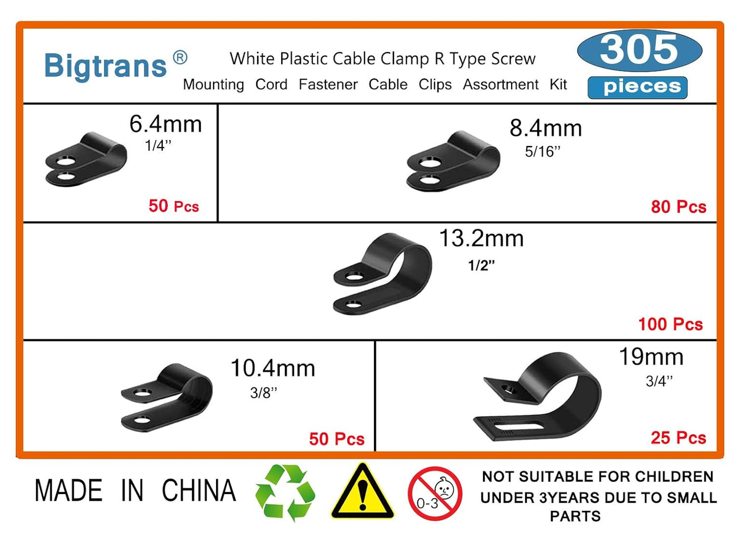 Bigtrans 305 Pcs Nylon Plastic R-Type Wire Clips 1/4" 5/16" 3/8" 1/2" 3/4" Clamps Fasteners Assortment for Cable Conduit -5 Size -Black