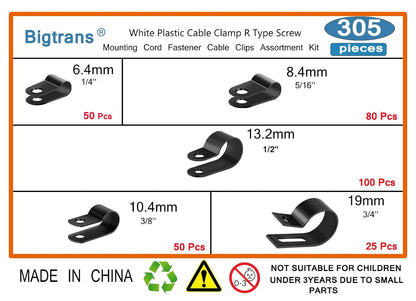 Bigtrans 305 Pcs Nylon Plastic R-Type Wire Clips 1/4" 5/16" 3/8" 1/2" 3/4" Clamps Fasteners Assortment for Cable Conduit -5 Size -Black