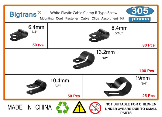Bigtrans 305 Pcs Nylon Plastic R-Type Wire Clips 1/4" 5/16" 3/8" 1/2" 3/4" Clamps Fasteners Assortment for Cable Conduit -5 Size -Black