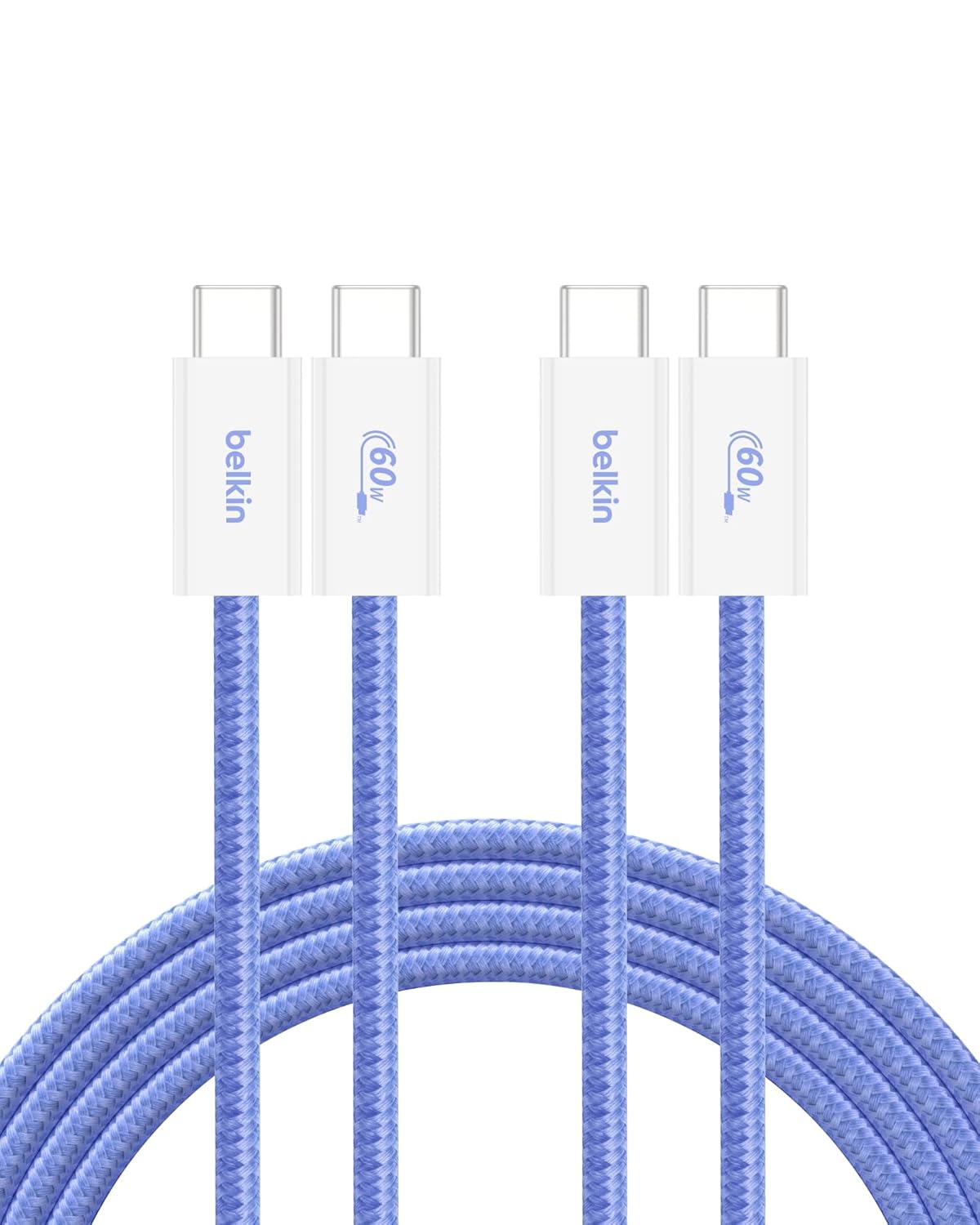 Belkin USB C to USB C Cable 2-Pack, 6.6ft, 60W - Type C Charger, iPhone Charger Cord, Soft, Braided, Flexible for iPhone 16, Galaxy S25, Pixel 9, Airpods, iPad Pro & More, Travel Essentials - Blue