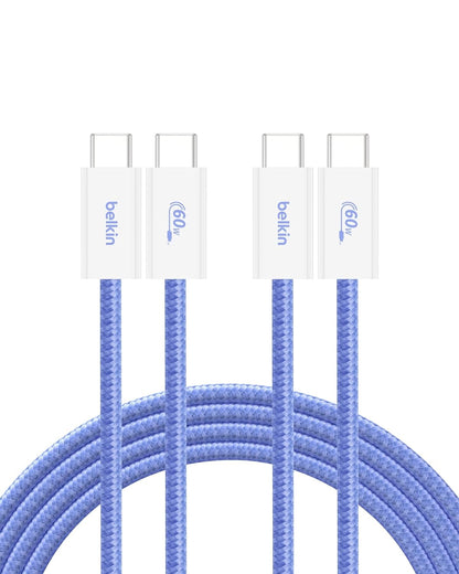 Belkin USB C to USB C Cable 2-Pack, 6.6ft, 60W - Type C Charger, iPhone Charger Cord, Soft, Braided, Flexible for iPhone 16, Galaxy S25, Pixel 9, Airpods, iPad Pro & More, Travel Essentials - Blue