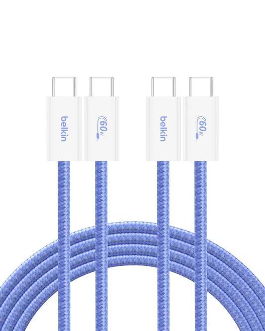 Belkin USB C to USB C Cable 2-Pack, 6.6ft, 60W - Type C Charger, iPhone Charger Cord, Soft, Braided, Flexible for iPhone 16, Galaxy S25, Pixel 9, Airpods, iPad Pro & More, Travel Essentials - Blue