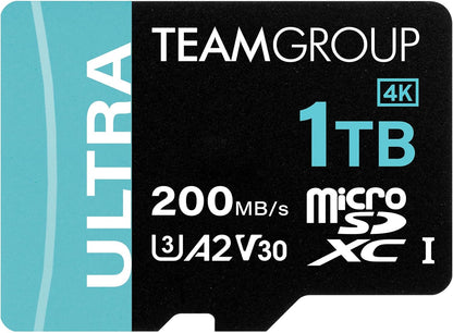 TEAMGROUP A2 Ultra Card 1TB Micro SDXC UHS-I U3 A2 V30, R/W up to 200/170 MB/s with Adapter TULMSDX1TIA2V3022503